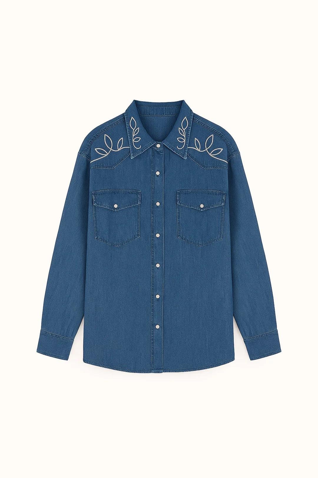 Touche Omuz Nakışlı Denim Efektli Gömlek - Denım