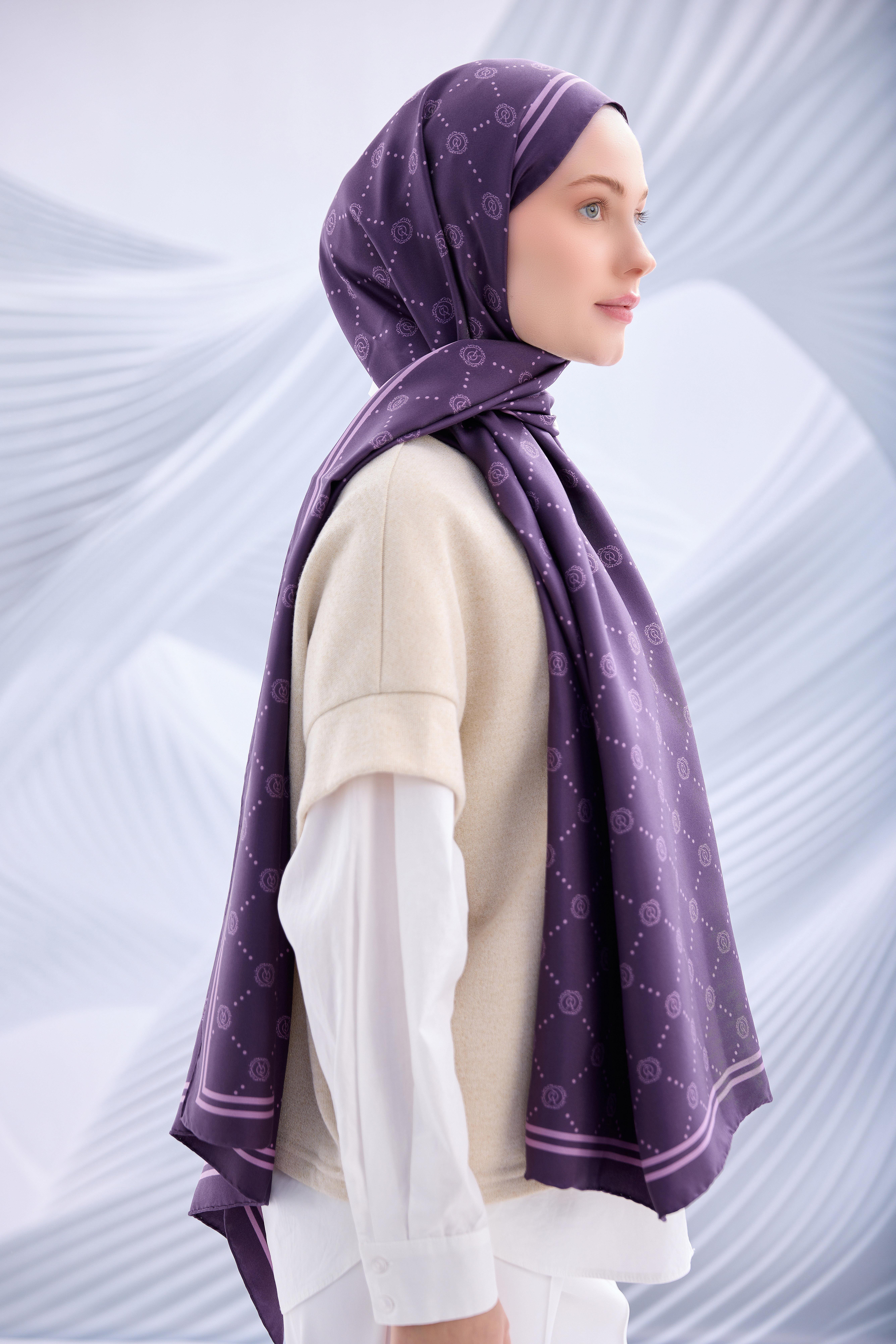 Yaqa Twill İpek Monogram Şal - YQ02002 - Mürdüm