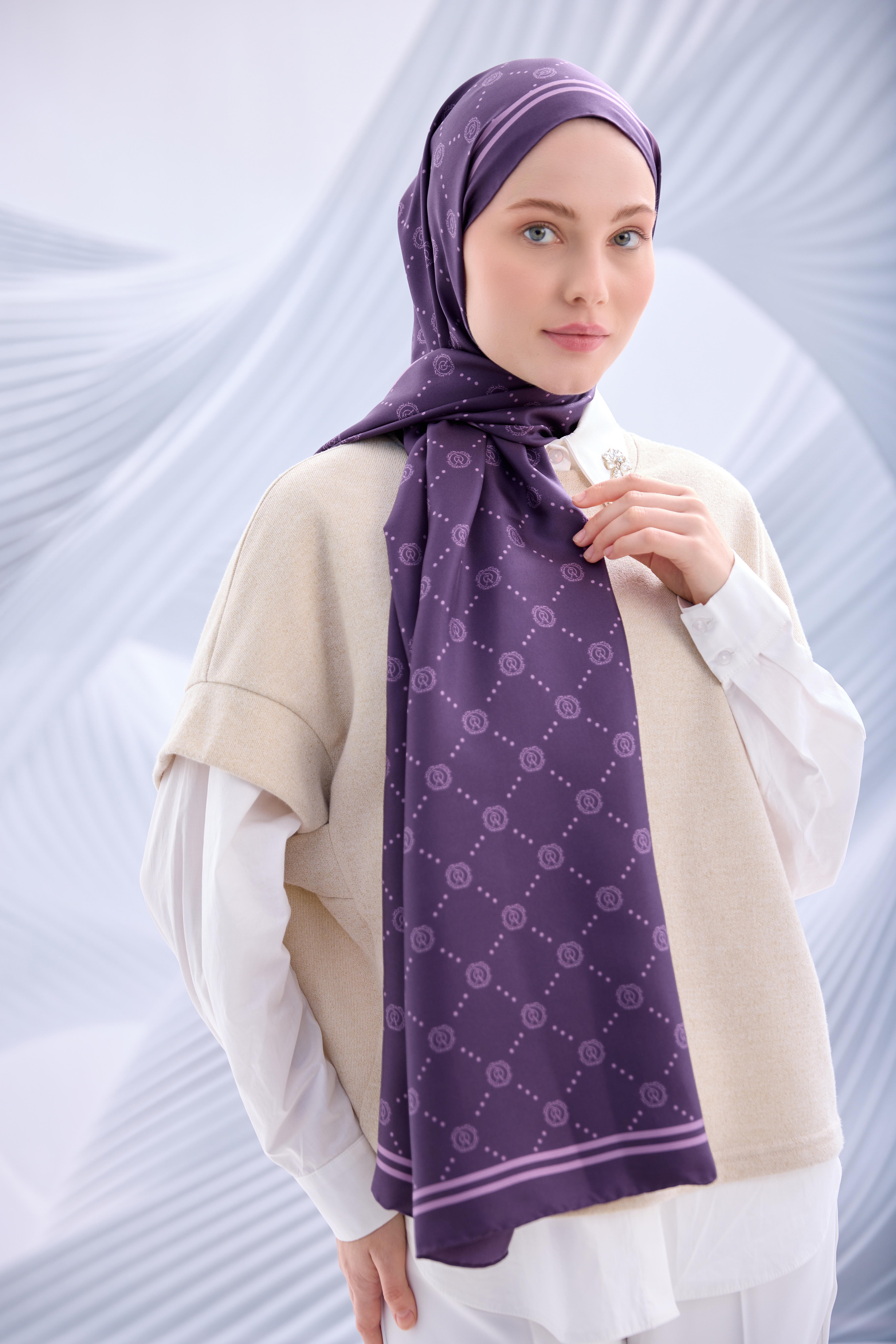 Yaqa Twill İpek Monogram Şal - YQ02002 - Mürdüm