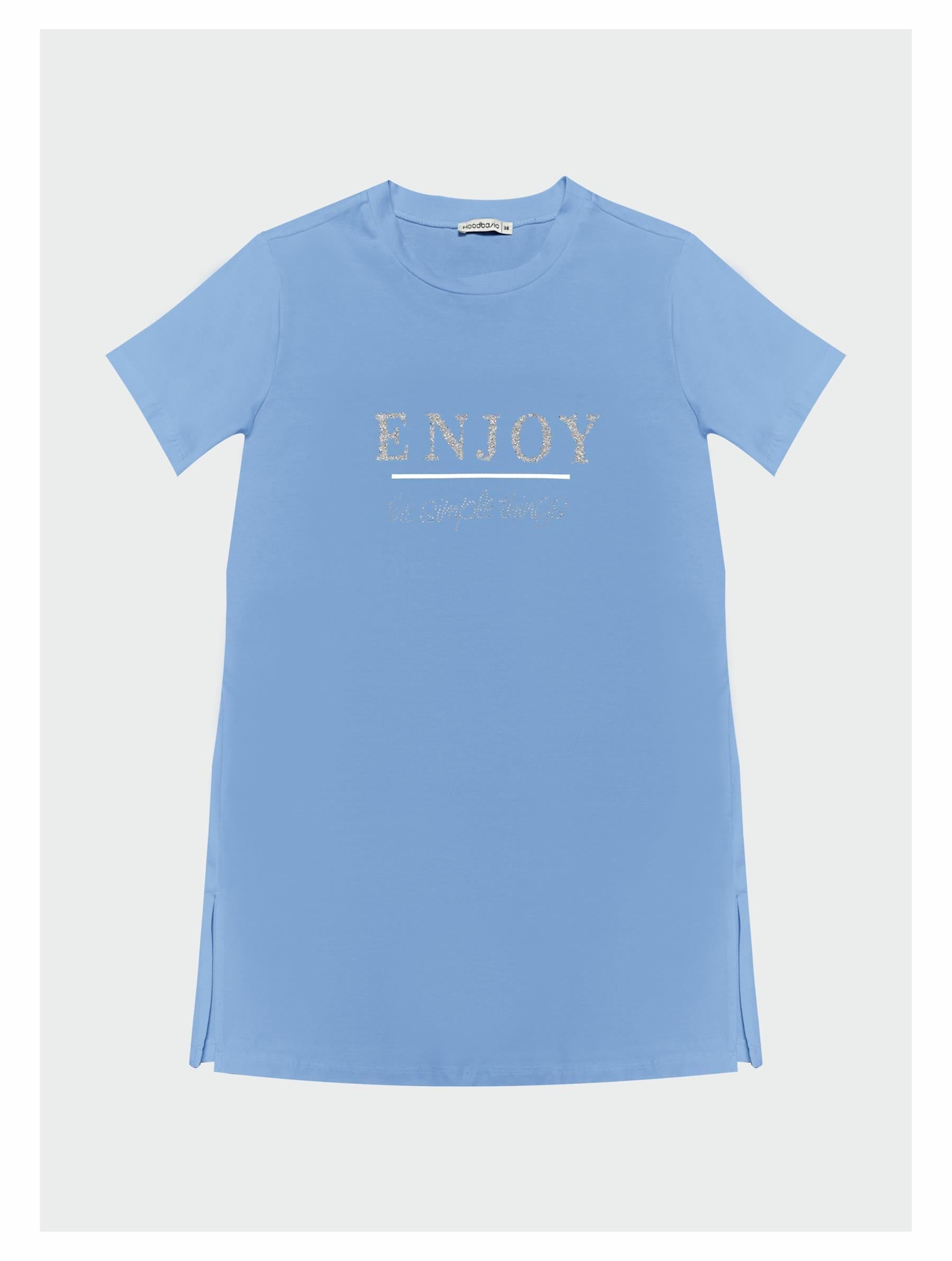 Yazılı Taşlı Baskılı T-Shirt - Mavi