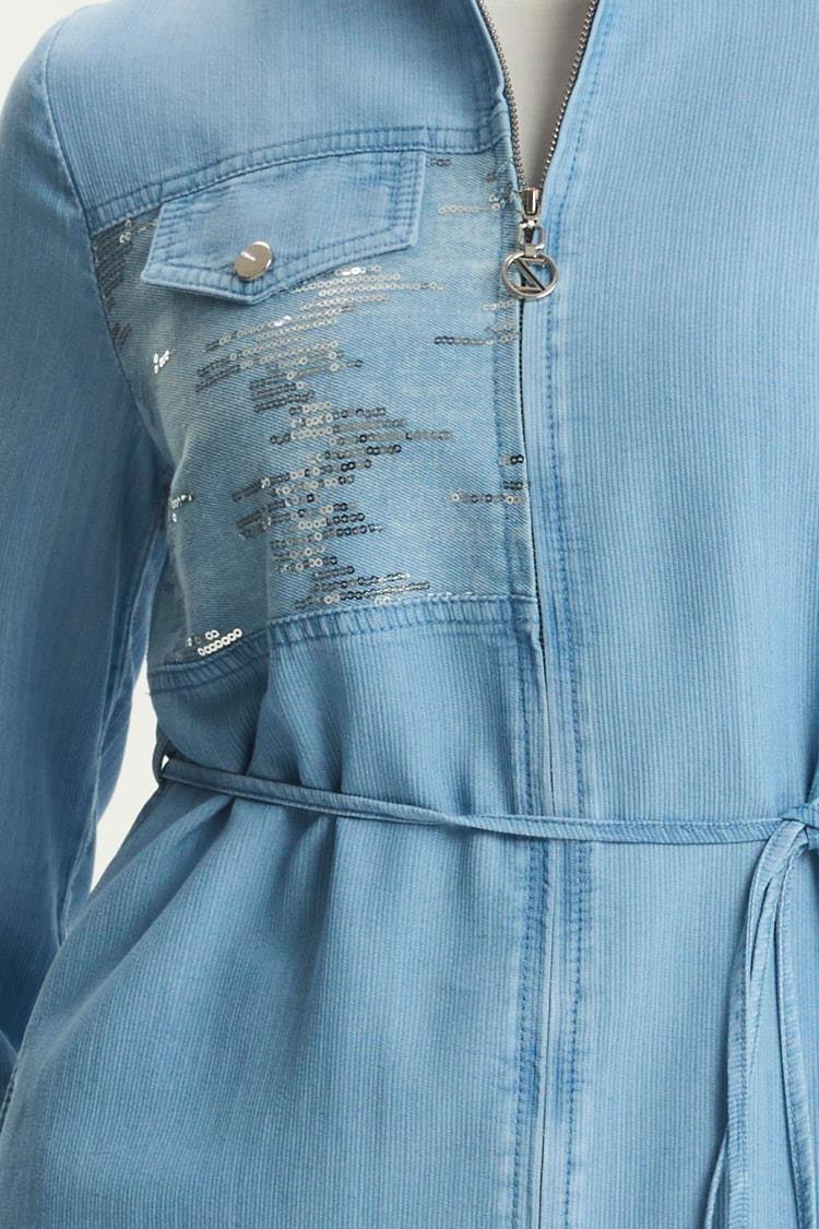 Zühre Hakim Yaka Fermuarlı Denim Giy Çık - Mavi