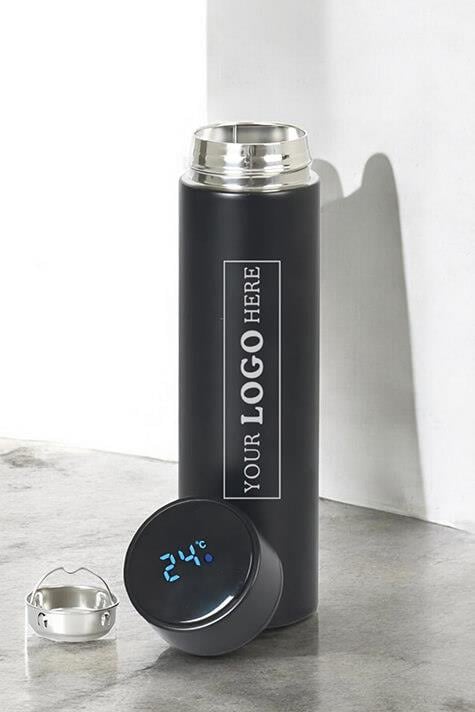 500ml Logo Baskılı Dijital Sıcaklık Göstergeli Süzgeçli Promosyon Siyah Termos