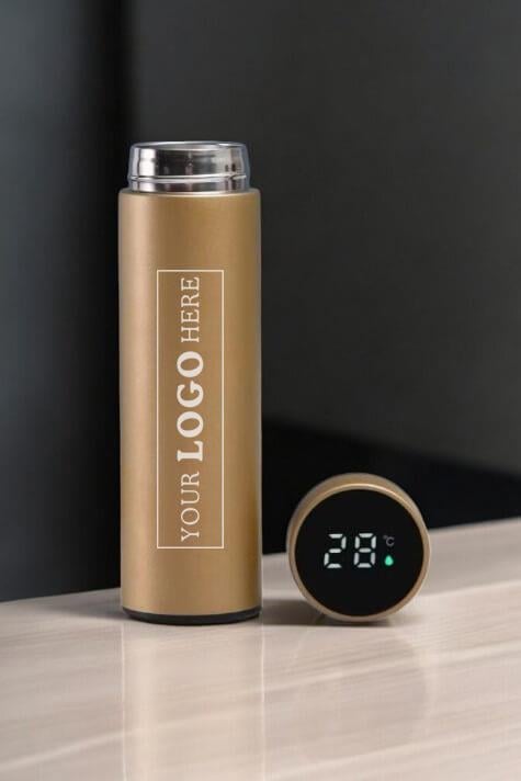 500ml Logo Baskılı Dijital Sıcaklık Göstergeli Süzgeçli Promosyon Gold Termos