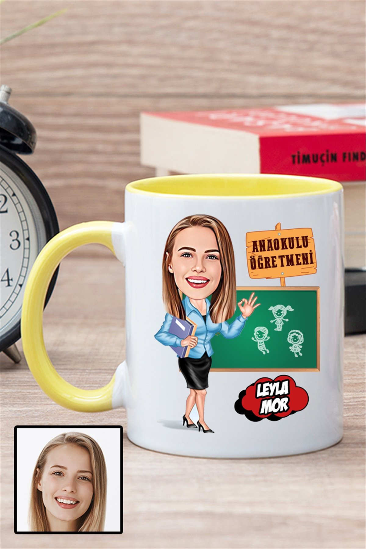 Anaokulu Öğretmenine Özel Hediye Karikatürlü İçi Renkli Kupa Bardak