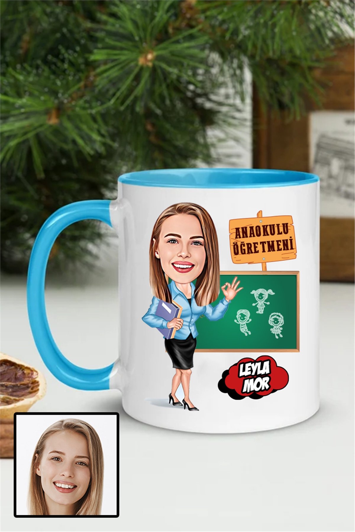 Anaokulu Öğretmenine Özel Hediye Karikatürlü İçi Renkli Kupa Bardak