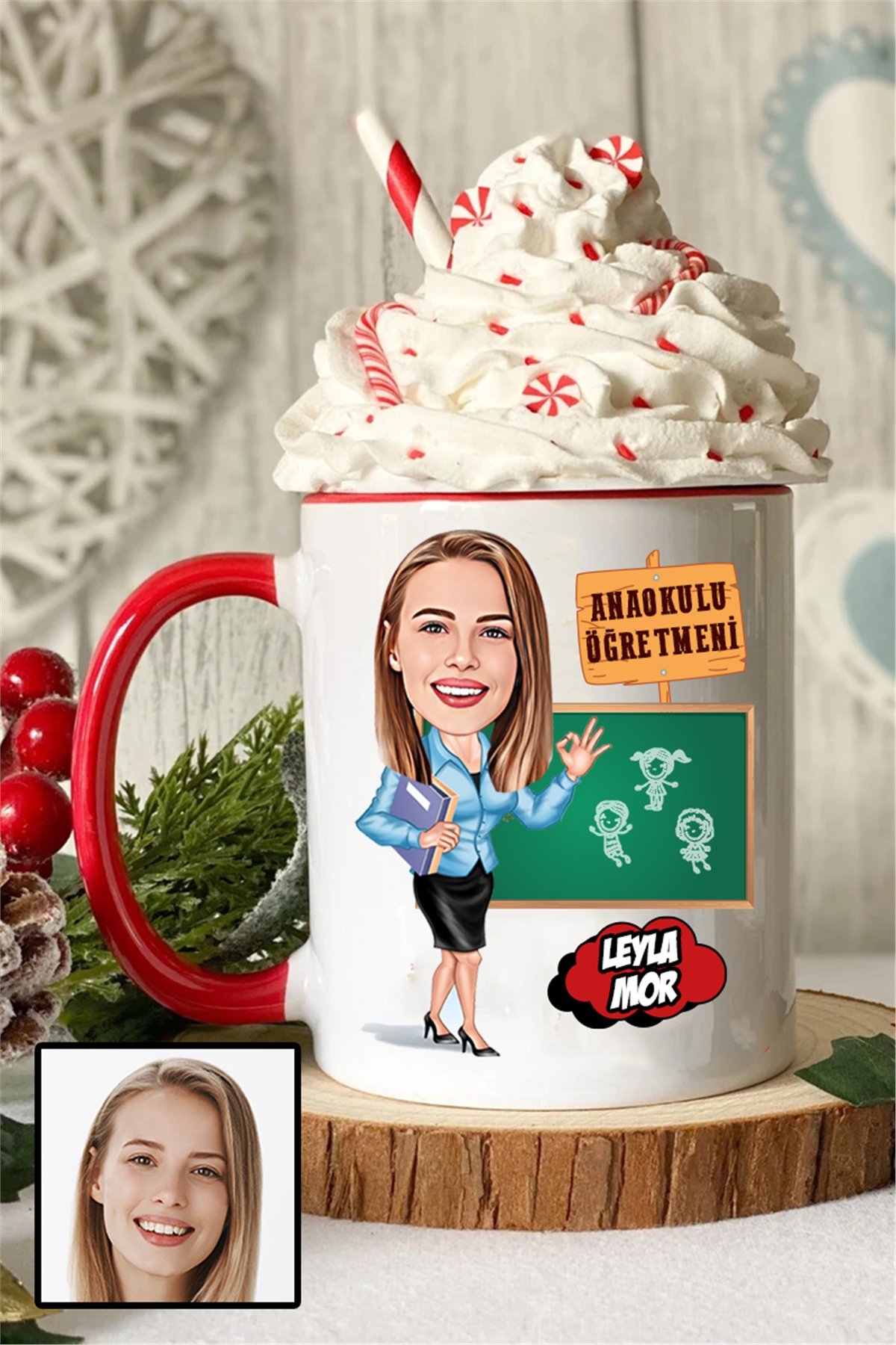 Anaokulu Öğretmenine Özel Hediye Karikatürlü İçi Renkli Kupa Bardak