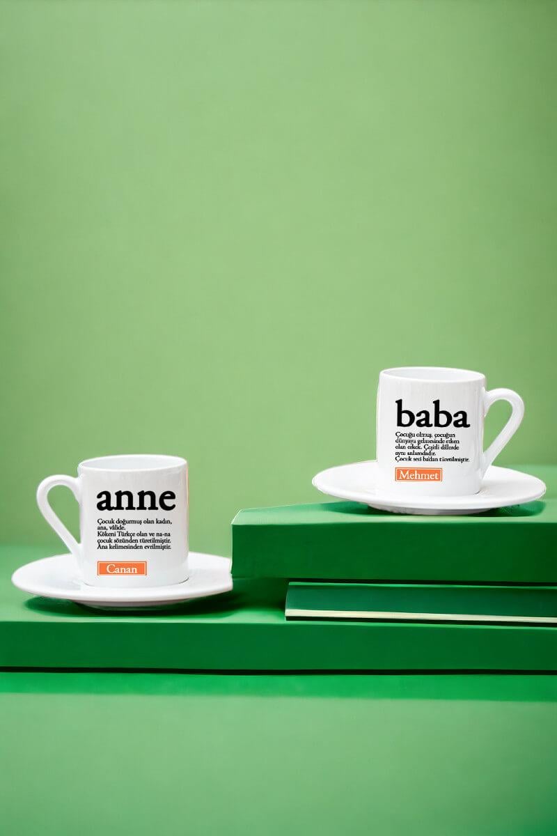 Anne ve Babaya Hediye Kelime Anlamı İkili Beyaz Türk Kahvesi Fincanı