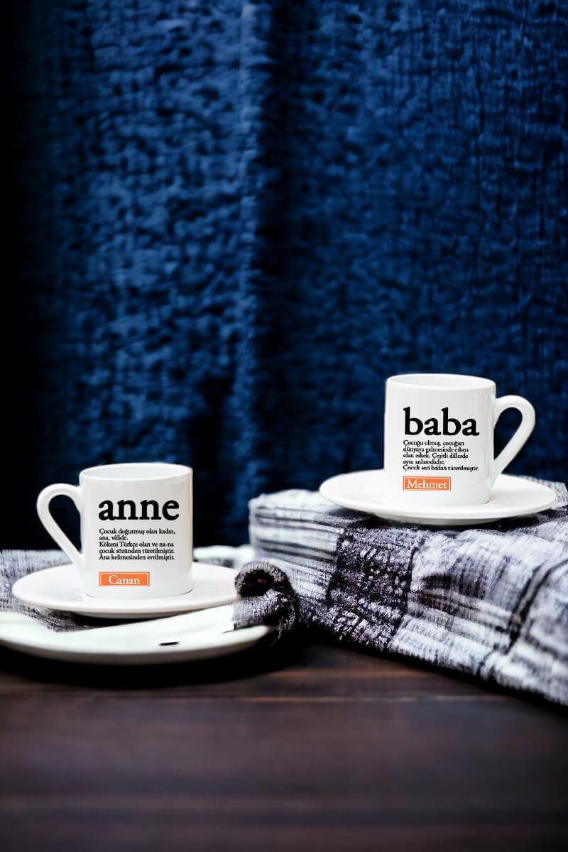 Anne ve Babaya Hediye Kelime Anlamı İkili Beyaz Türk Kahvesi Fincanı