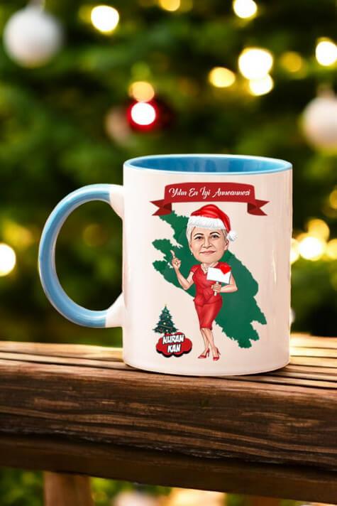 Anneanneye Yılbaşı Hediyesi Karikatürlü İçi Renkli Kupa Bardak