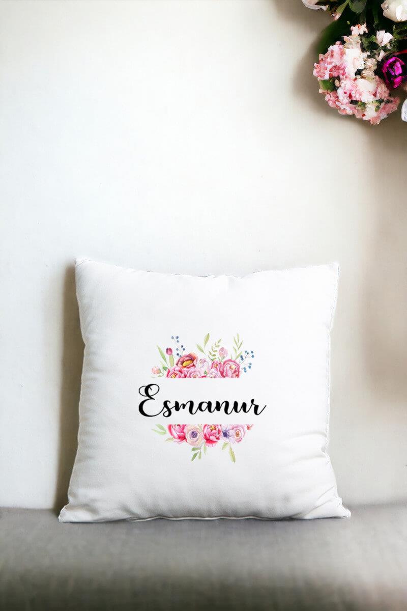 Anneler Günü Hediyesi Çiçek Çerçeveli İsimli Kare Yastık