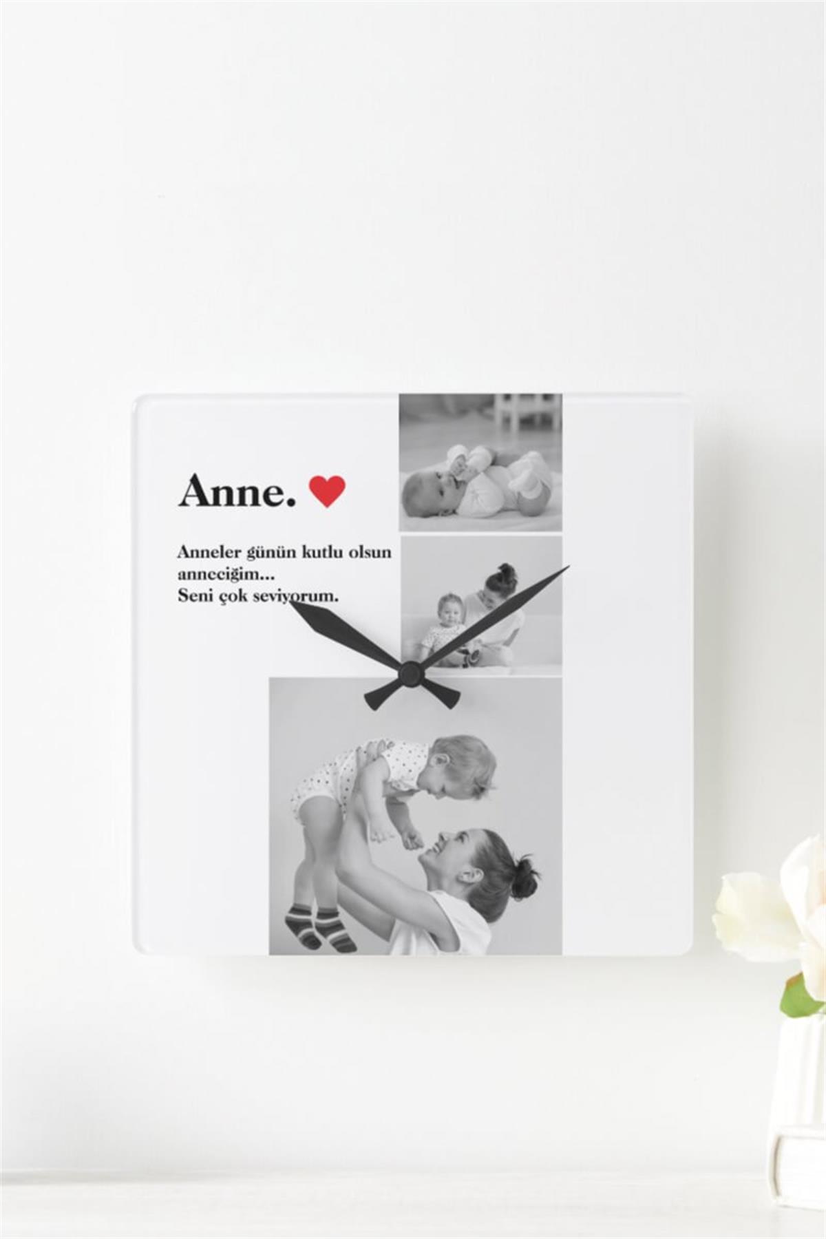Anneler Günü Hediyesi Siyah Beyaz Fotoğraflı Kare Duvar Saati