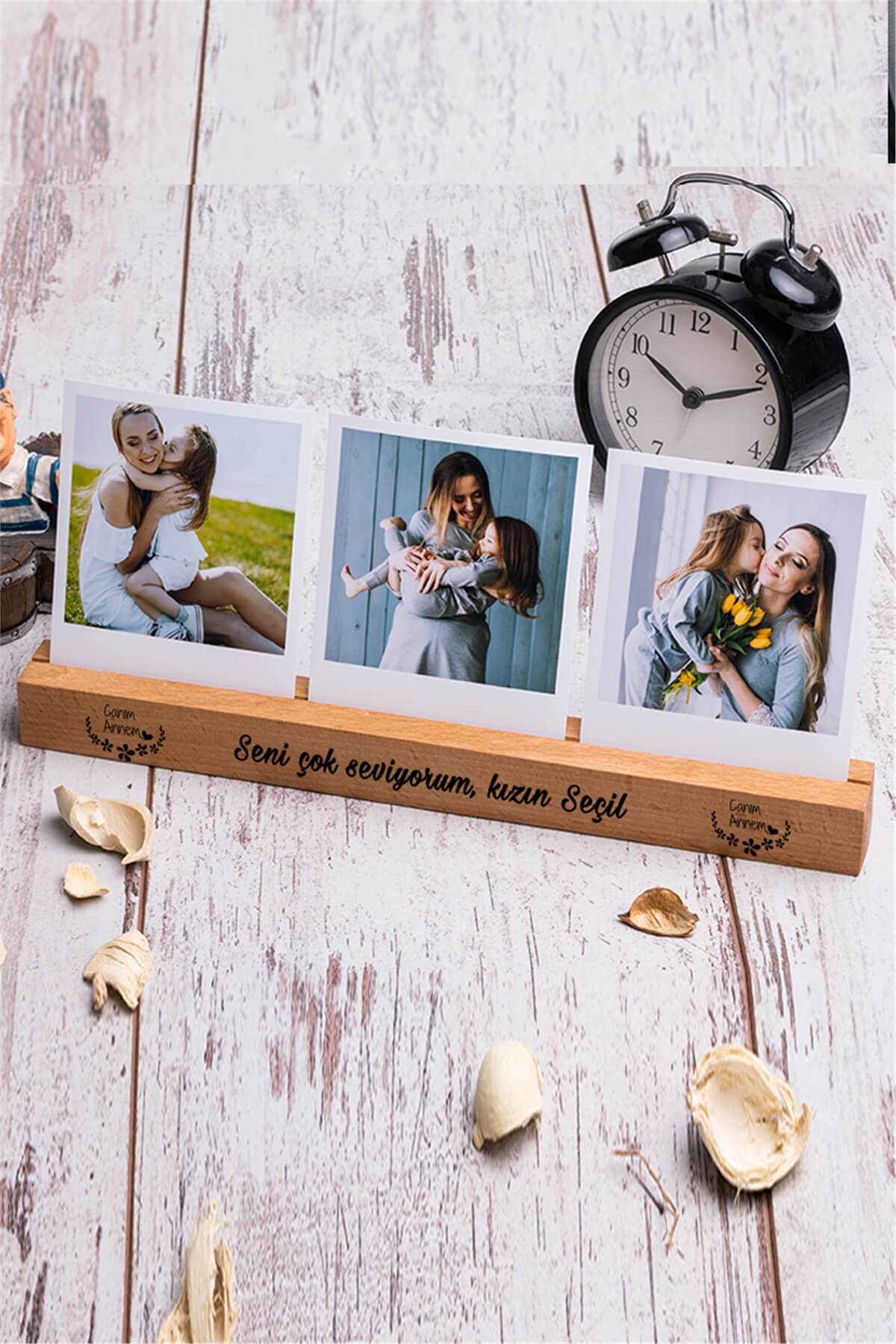 Anneye Hediye 3 Fotoğraflı Ahşap Stand