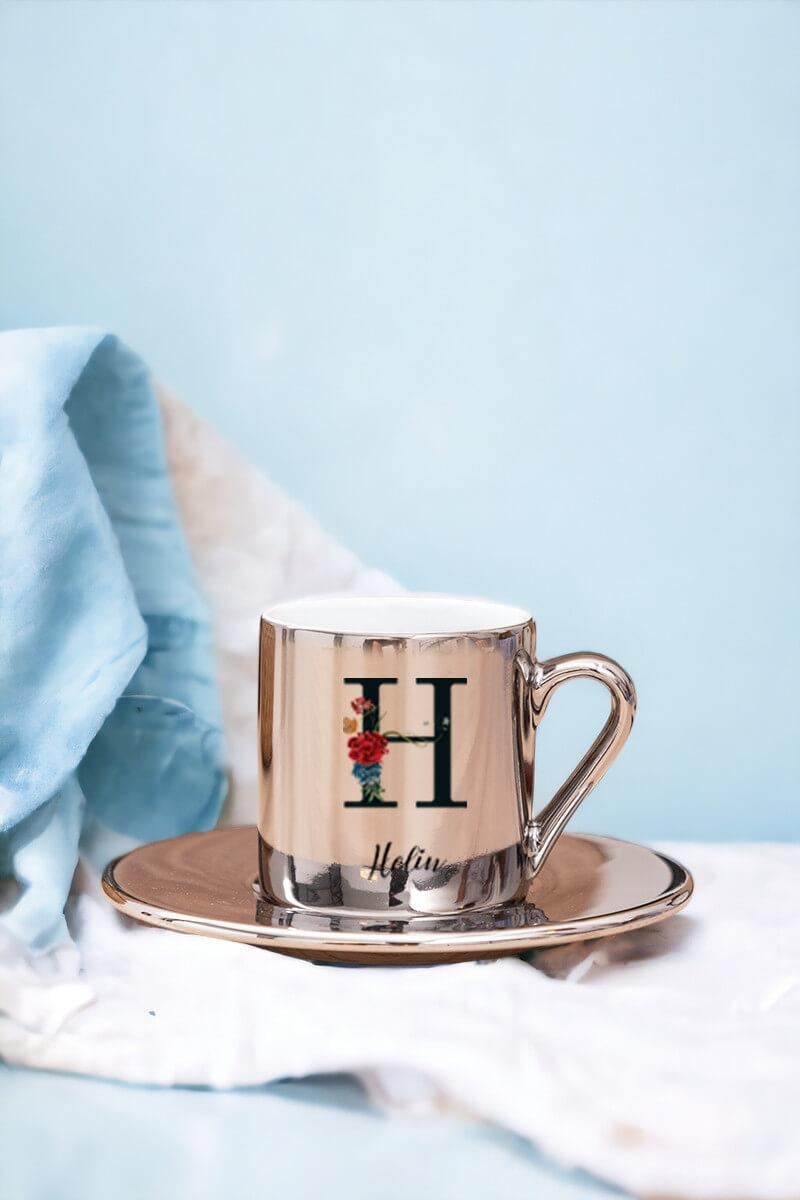Anneye Hediye Baş Harfli ve İsimli Gold - Silver Türk Kahvesi