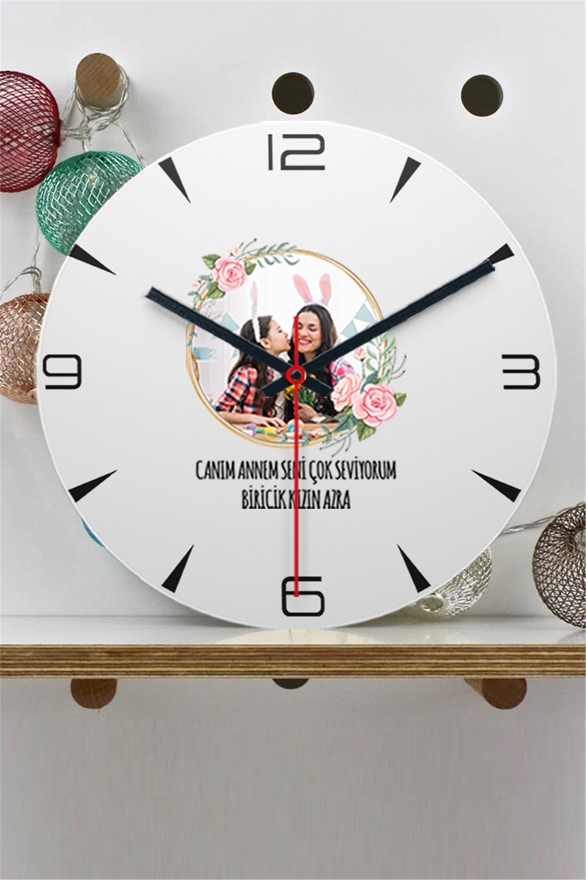 Anneye Hediye Fotoğraflı Ahşap Duvar Saati