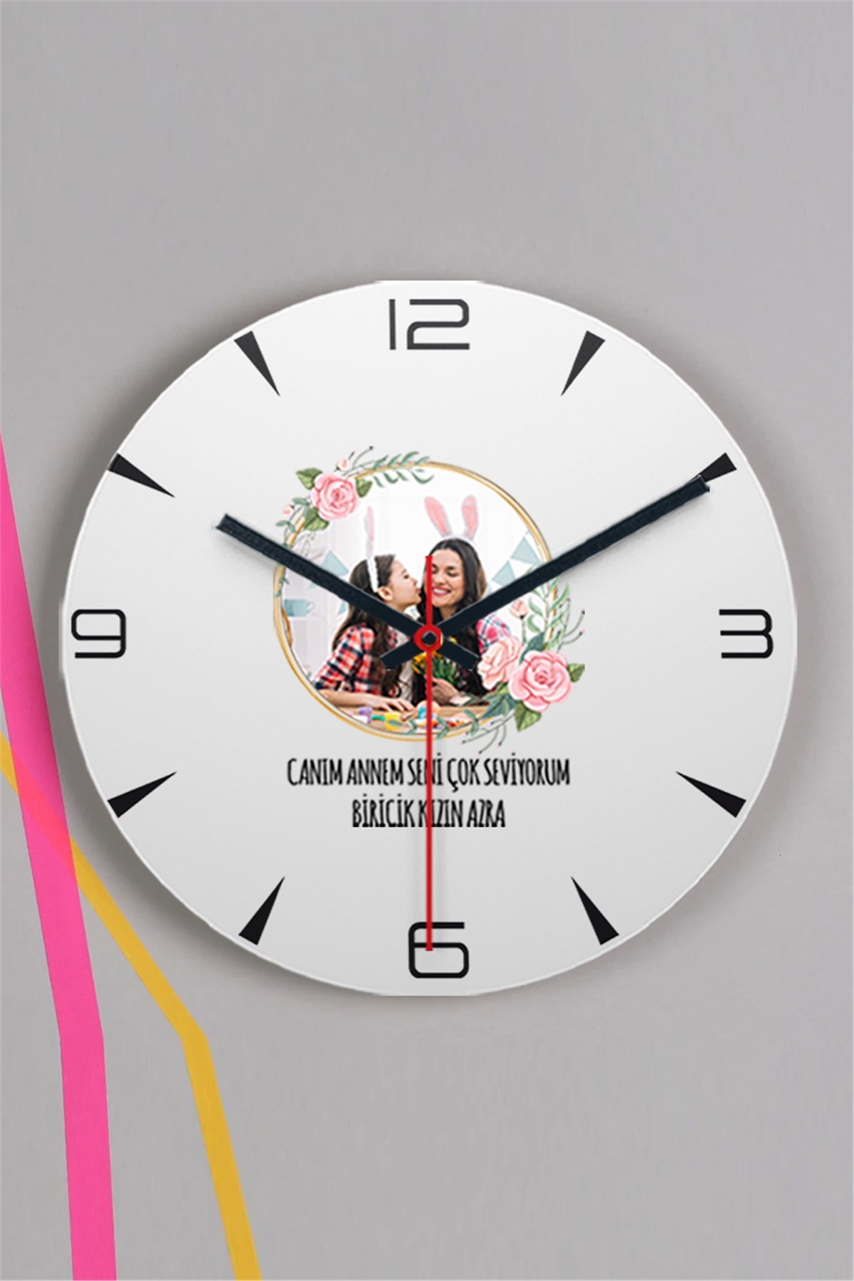 Anneye Hediye Fotoğraflı Ahşap Duvar Saati