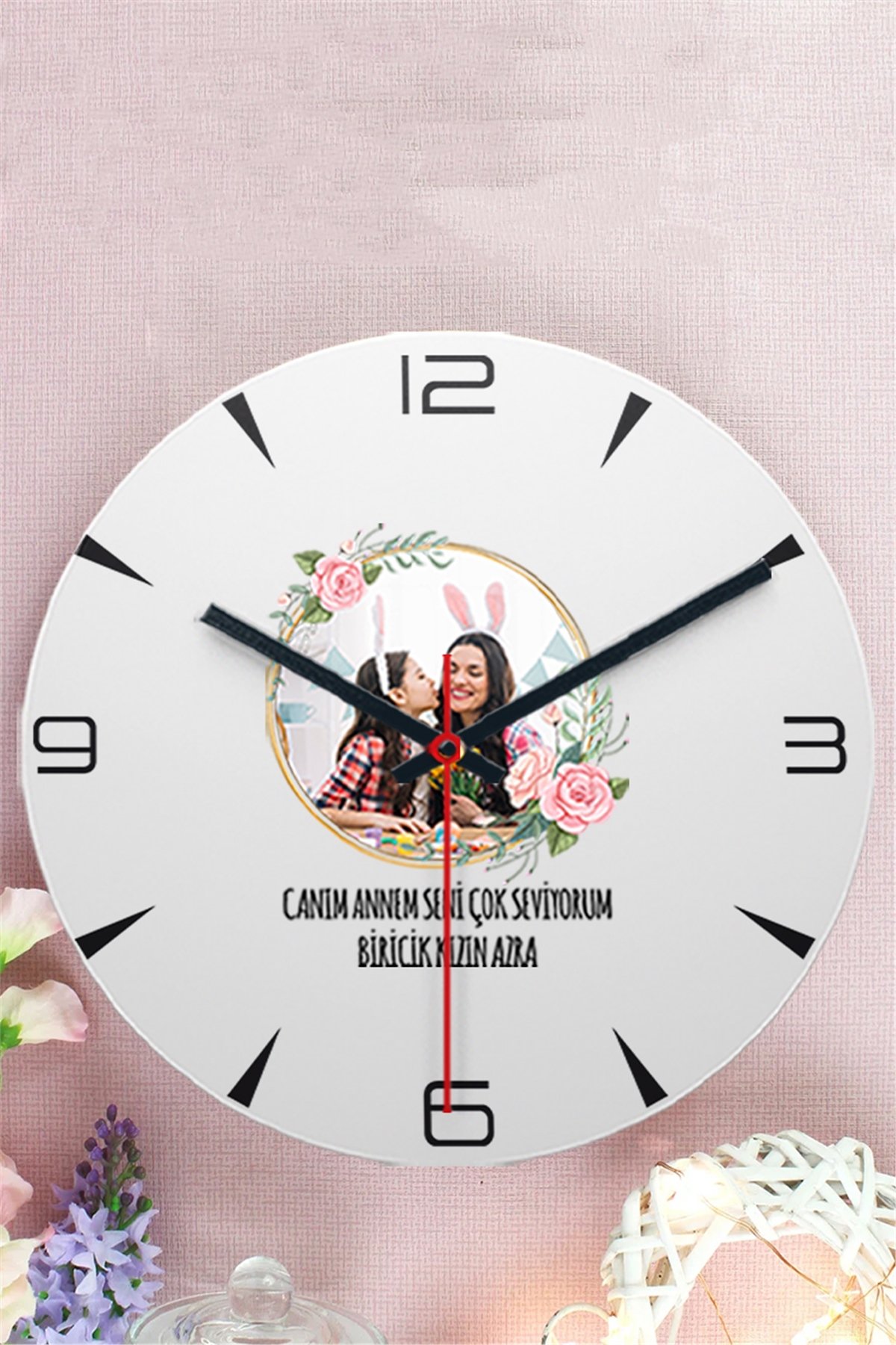 Anneye Hediye Fotoğraflı Ahşap Duvar Saati