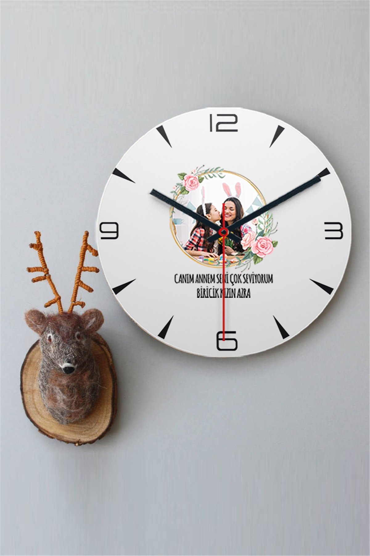 Anneye Hediye Fotoğraflı Ahşap Duvar Saati