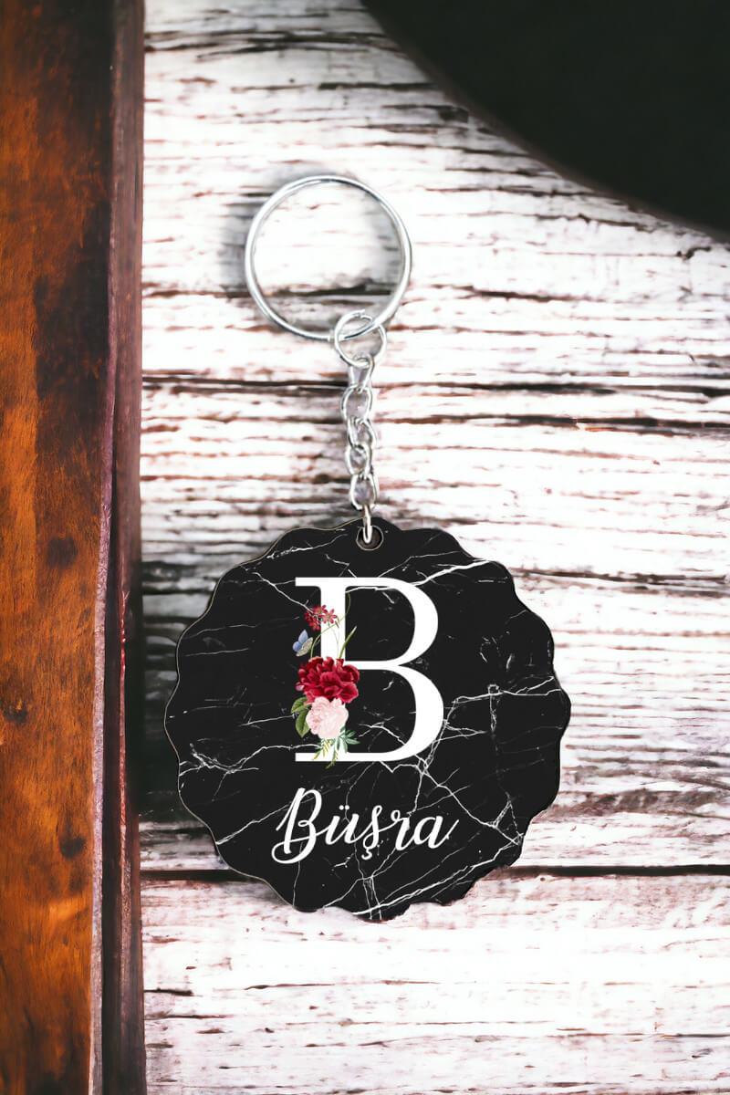 Anneye Hediye Siyah Mermer Tasarım İsme Özel Anahtarlık