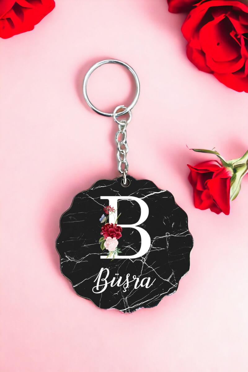 Anneye Hediye Siyah Mermer Tasarım İsme Özel Anahtarlık