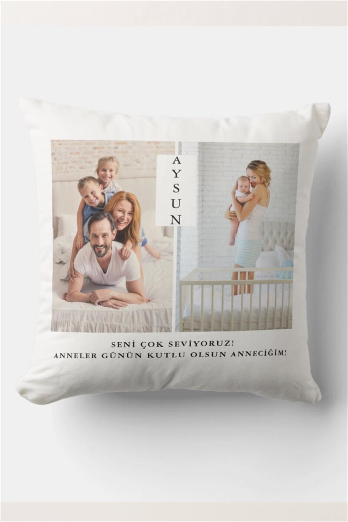 Anneye Kişiye Özel Hediye Fotoğraflı Saten Kare Yastık