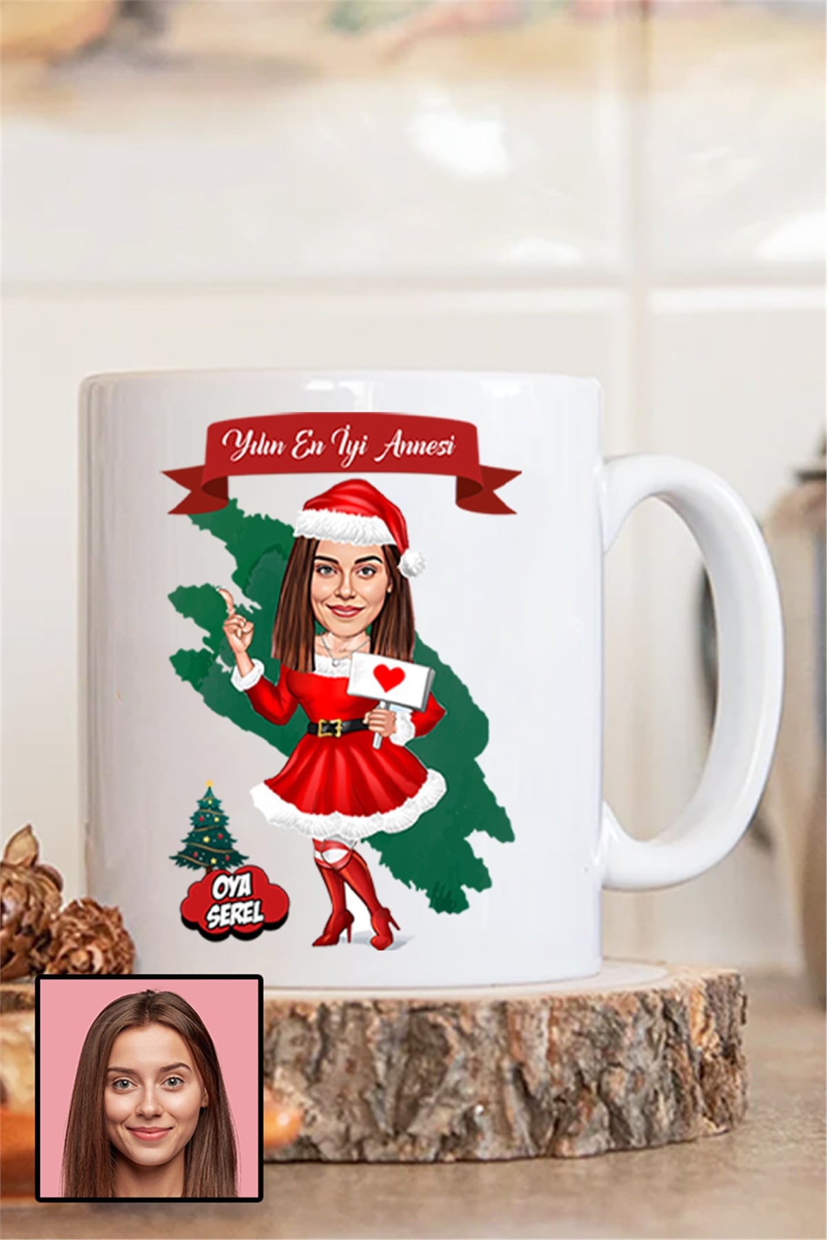 Anneye Yılbaşı Hediyesi Karikatürlü Beyaz Kupa Bardak
