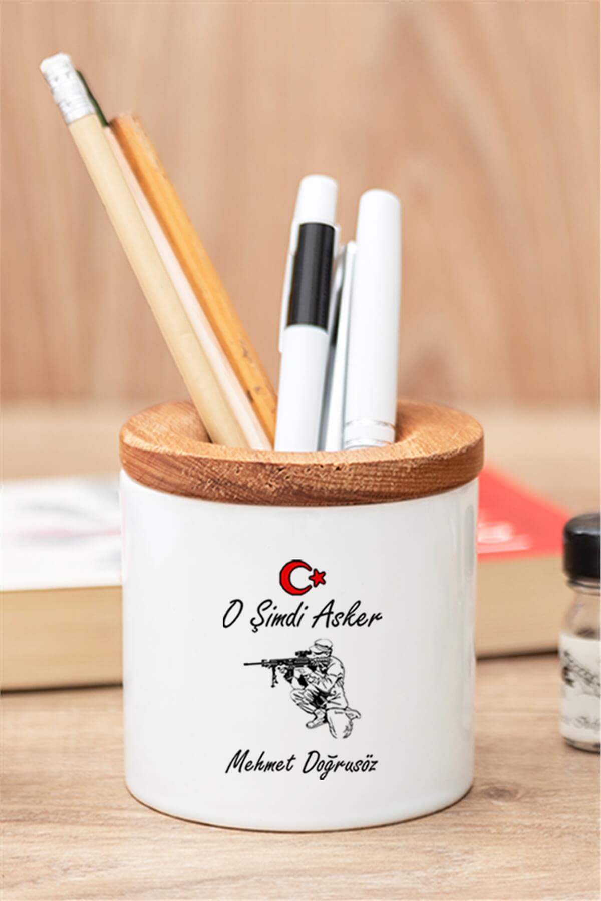 Askere Hediye Ahşap Kapaklı Kalemlik