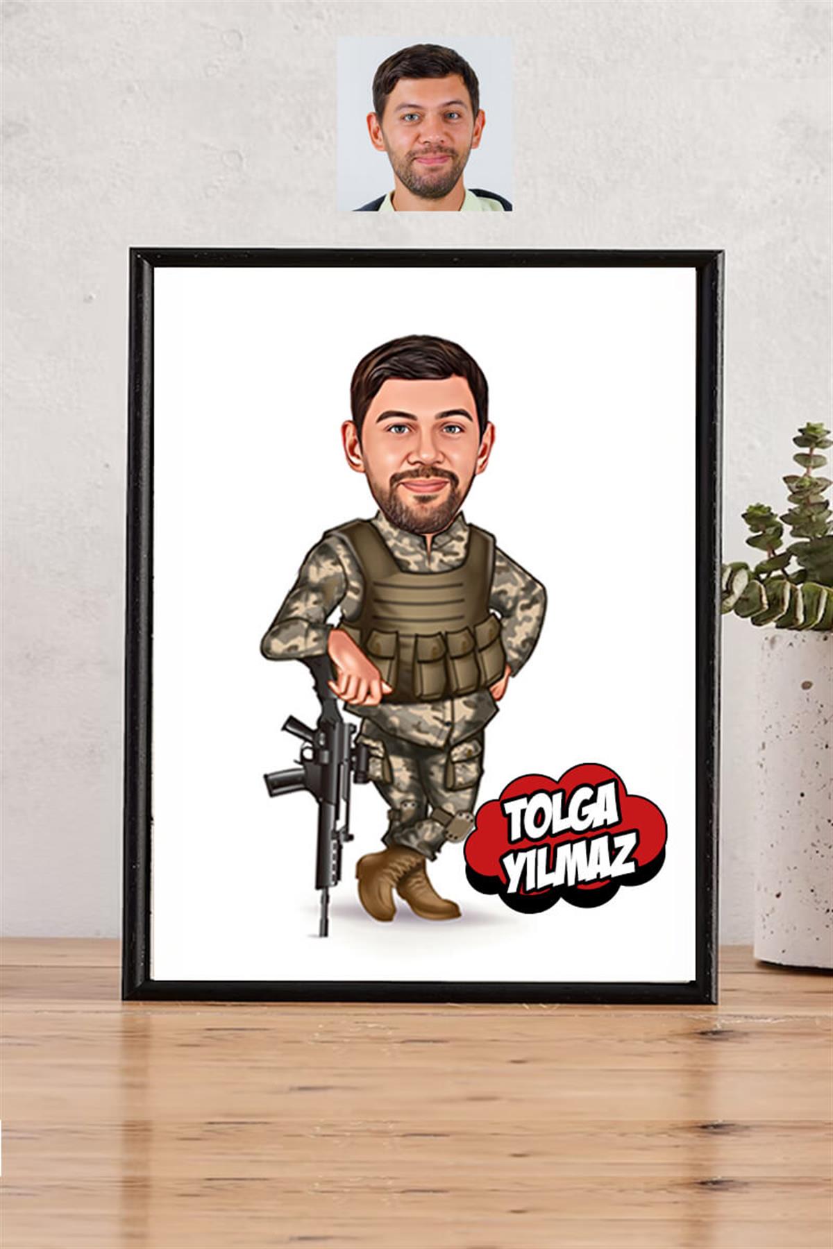 Astsubay Sevgiliye Hediye Asker Karikatürlü Dikdörtgen Çerçeve