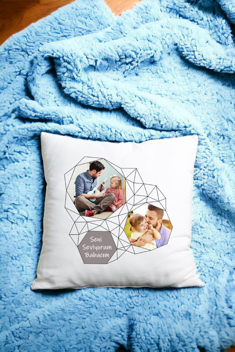 Babalar Günü Hediyesi Geometrik Tasarım Fotoğraflı Saten Kare Yastık