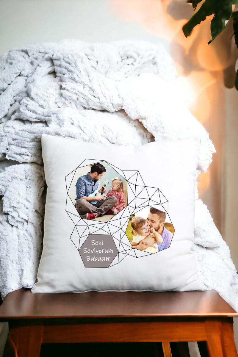 Babalar Günü Hediyesi Geometrik Tasarım Fotoğraflı Saten Kare Yastık