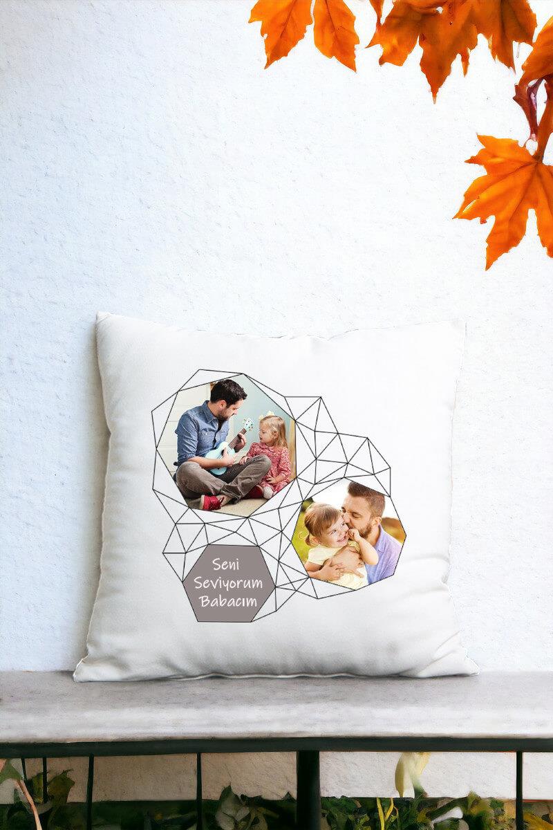 Babalar Günü Hediyesi Geometrik Tasarım Fotoğraflı Saten Kare Yastık