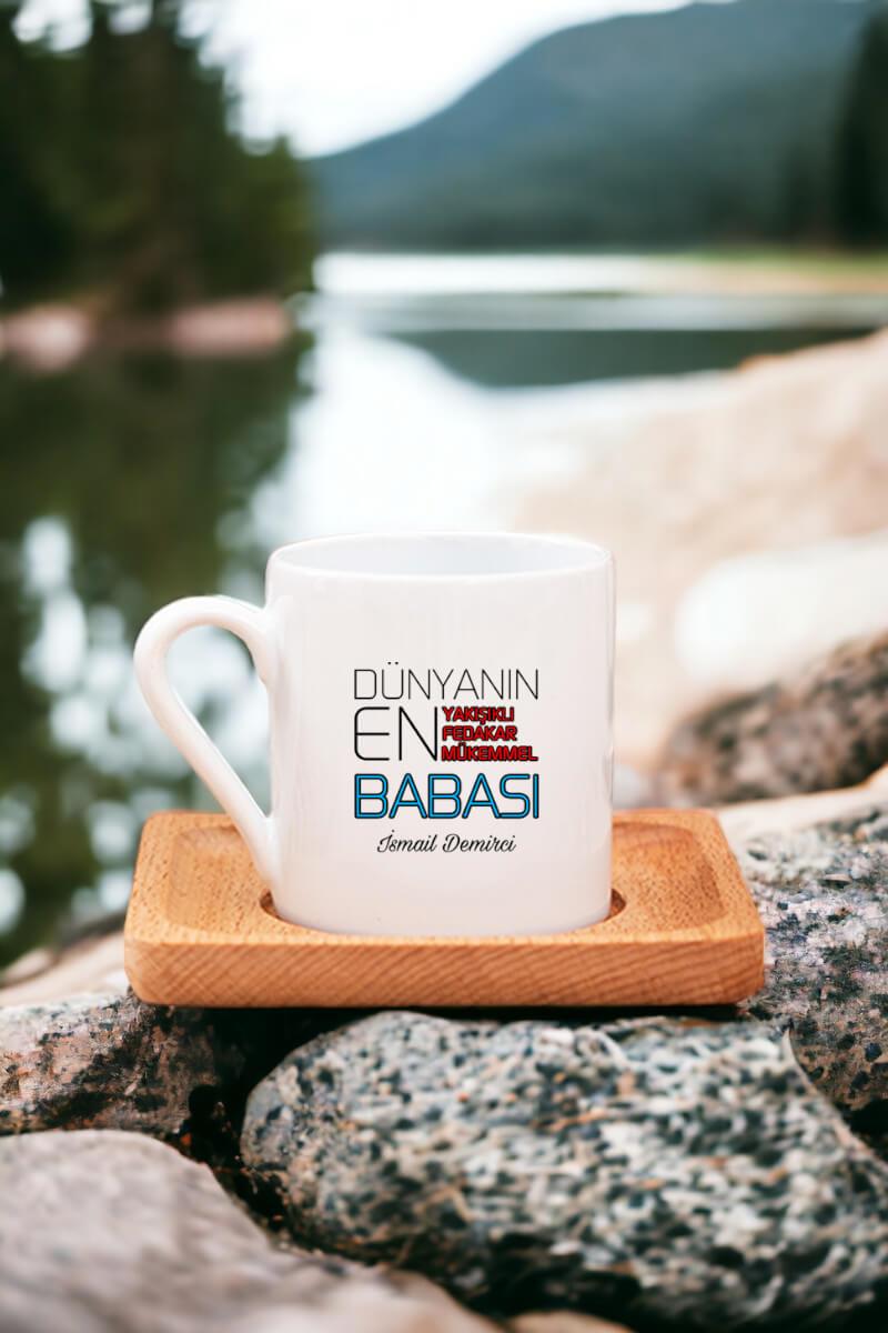 Babalar Günü Hediyesi Kişiye Özel Ahşap Altlıklı Türk Kahvesi Fincanı