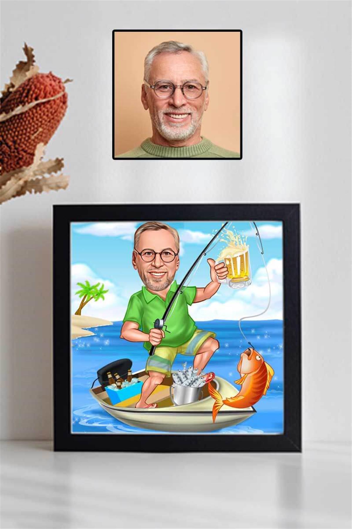 Balık Tutmayı Sevenlere Hediye Karikatürlü Kare Çerçeve