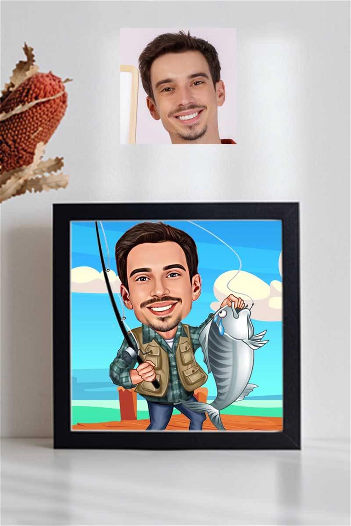Balıkçıya Hediye Karikatürlü Kare Çerçeve