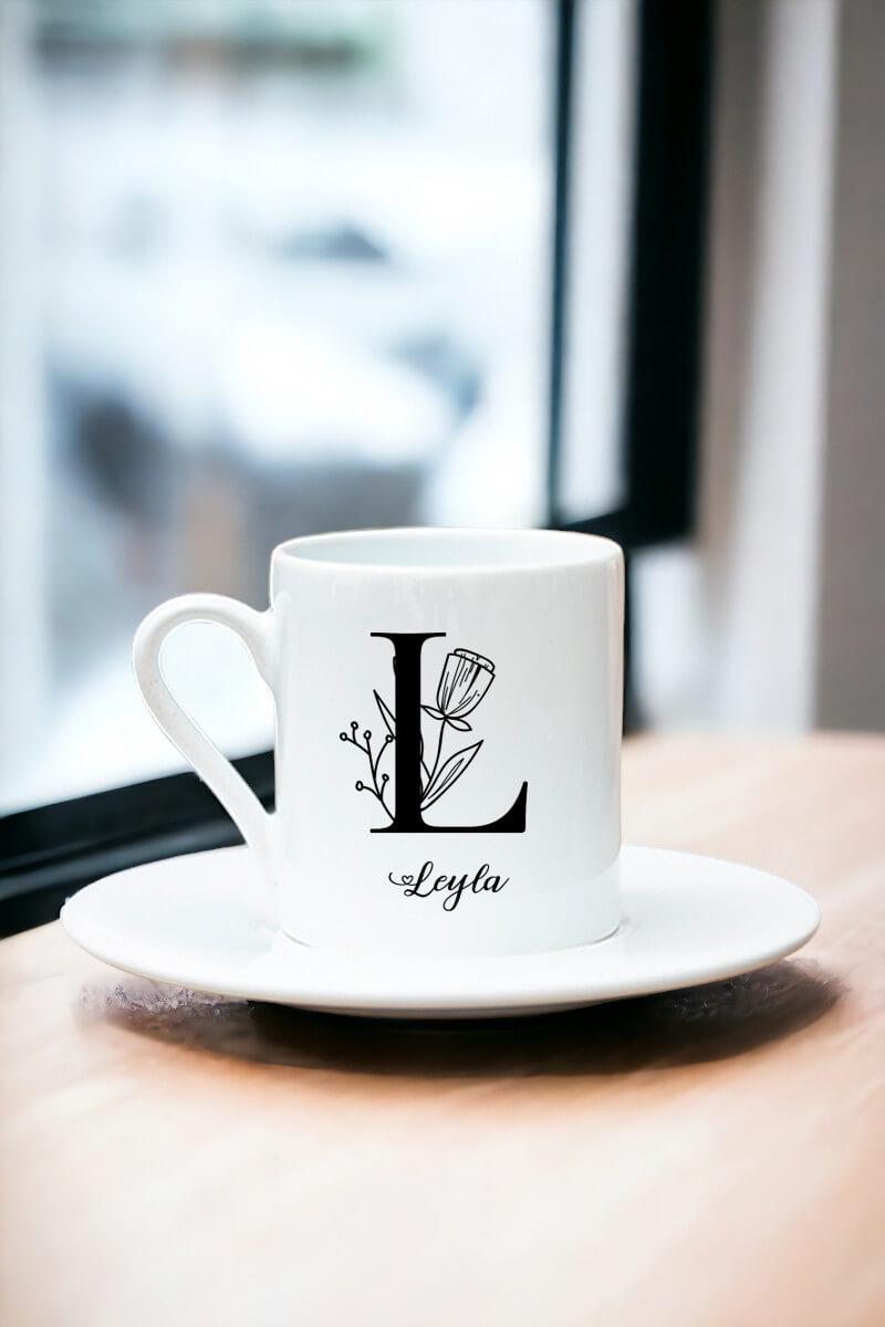 Baş Harfli Çiçek Tasarım Beyaz Türk Kahvesi Fincanı