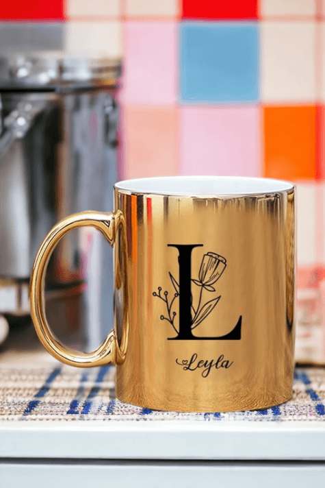 Baş Harfli Çiçek Tasarım Gold - Silver Kupa Bardak