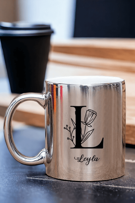 Baş Harfli Çiçek Tasarım Gold - Silver Kupa Bardak