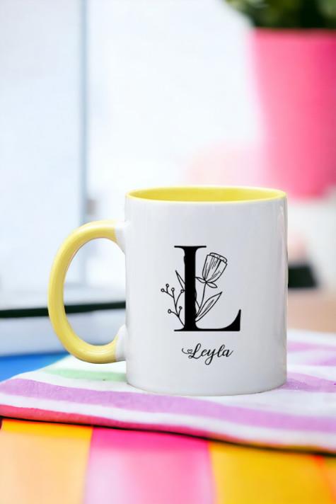 Baş Harfli Çiçek Tasarım İçi Renkli Kupa Bardak