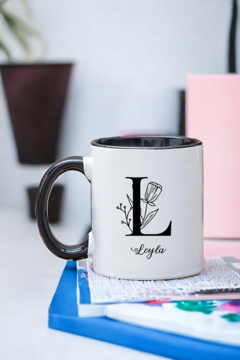 Baş Harfli Çiçek Tasarım İçi Renkli Kupa Bardak