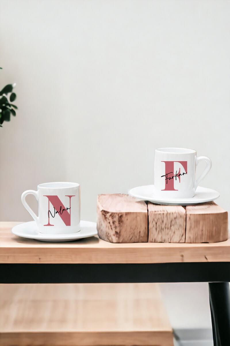 Baş Harfli Üzeri İsim Yazılı İkili Beyaz Türk Kahvesi Fincanı