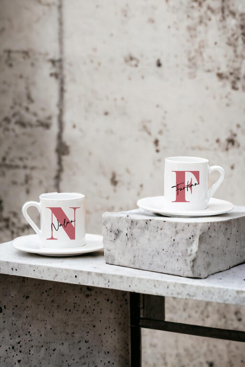 Baş Harfli Üzeri İsim Yazılı İkili Beyaz Türk Kahvesi Fincanı
