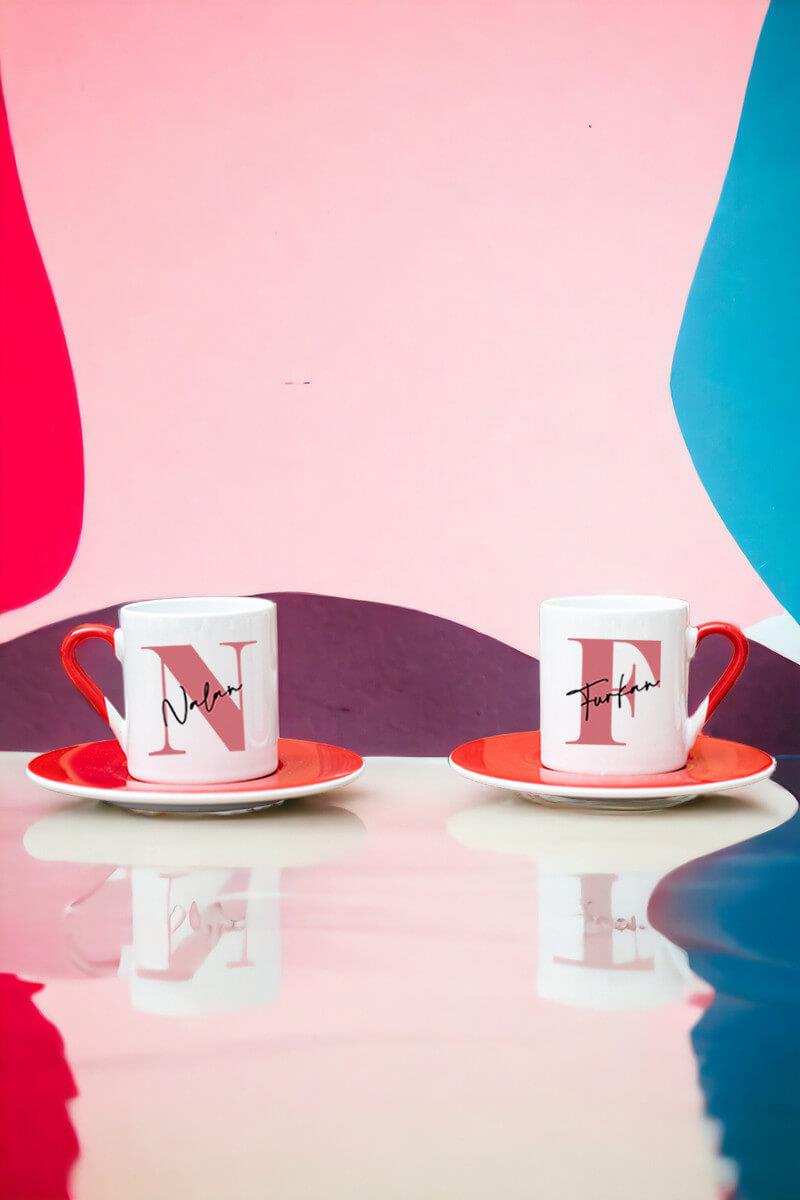 Baş Harfli Üzeri İsim Yazılı İkili Kırmızı Türk Kahvesi Fincanı
