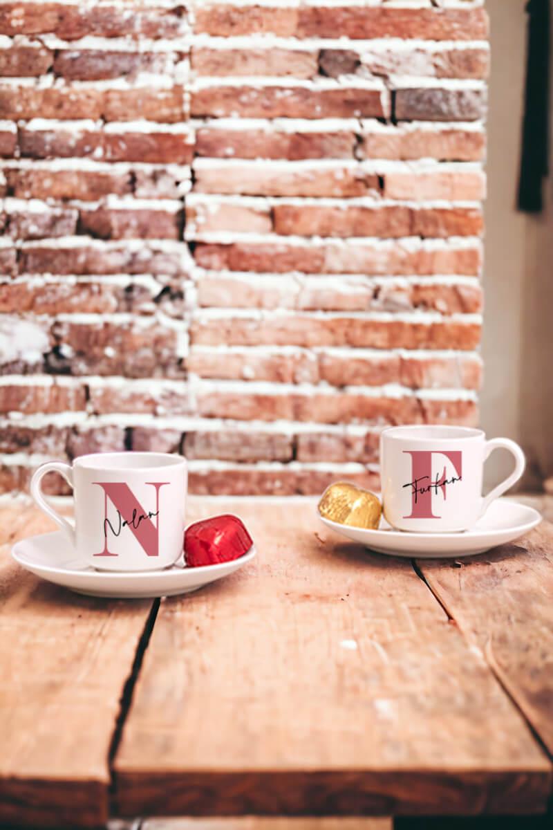 Baş Harfli Üzeri İsim Yazılı İkili Porselen Türk Kahvesi Fincanı