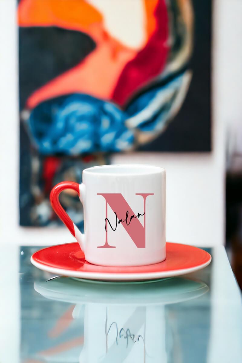 Baş Harfli Üzeri İsim Yazılı Renkli Türk Kahvesi Fincanı