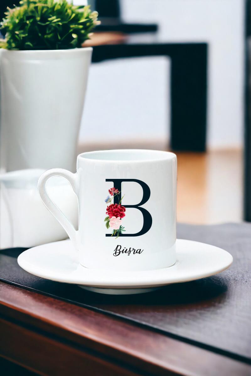 Baş Harfli ve İsimli Beyaz Türk Kahvesi Fincanı