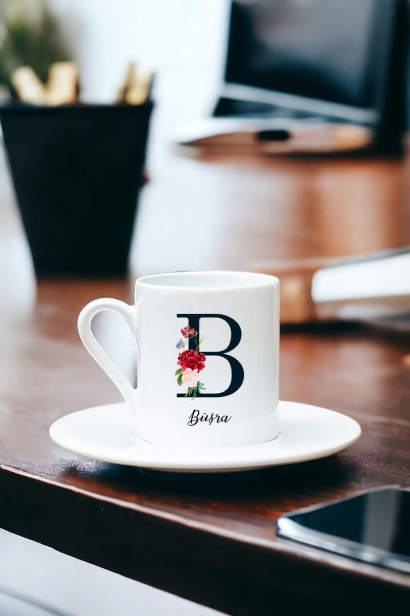 Baş Harfli ve İsimli Beyaz Türk Kahvesi Fincanı