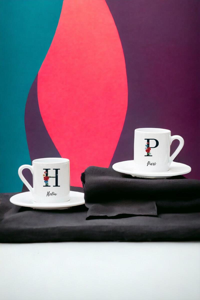 Baş Harfli ve İsimli İkili Beyaz Türk Kahvesi Fincanı