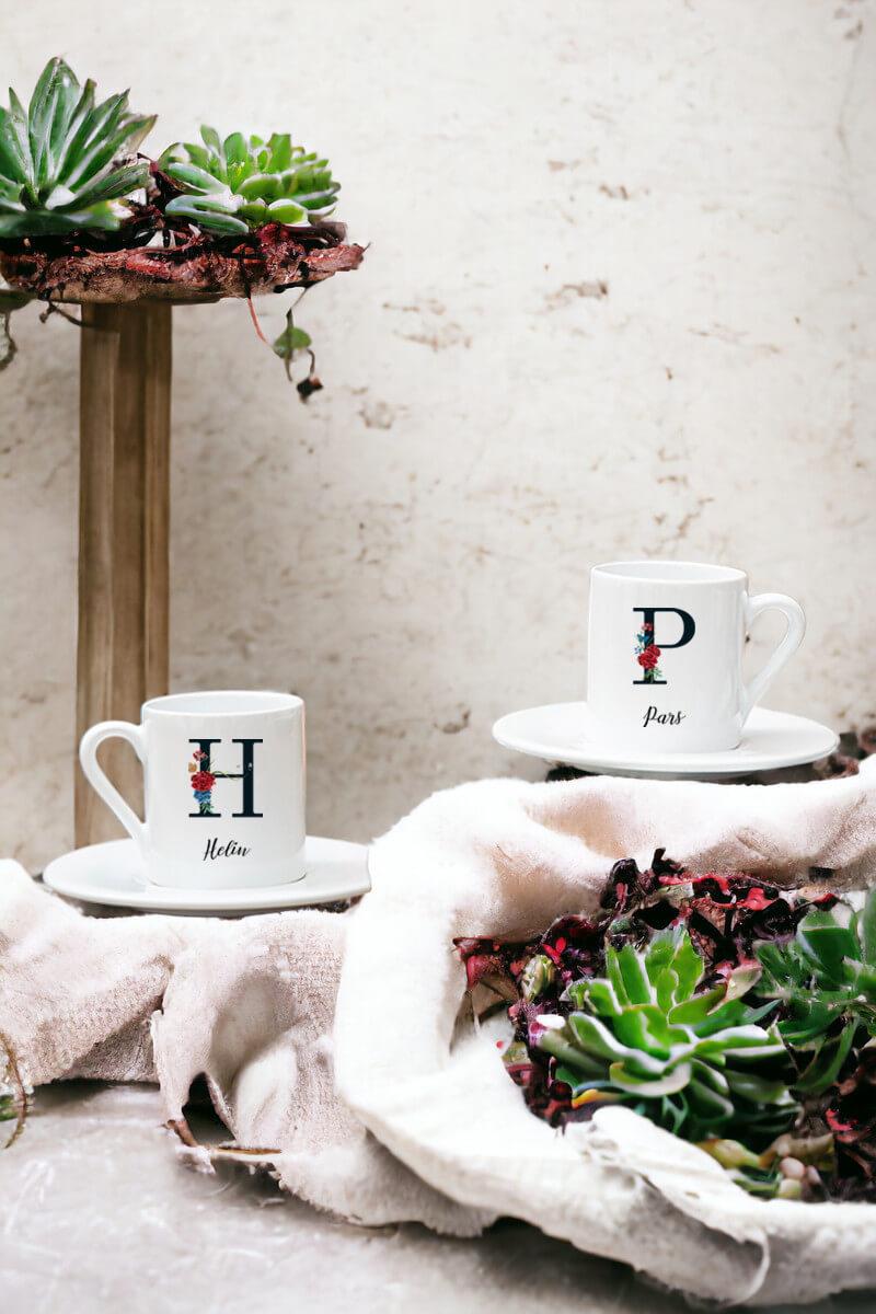 Baş Harfli ve İsimli İkili Beyaz Türk Kahvesi Fincanı