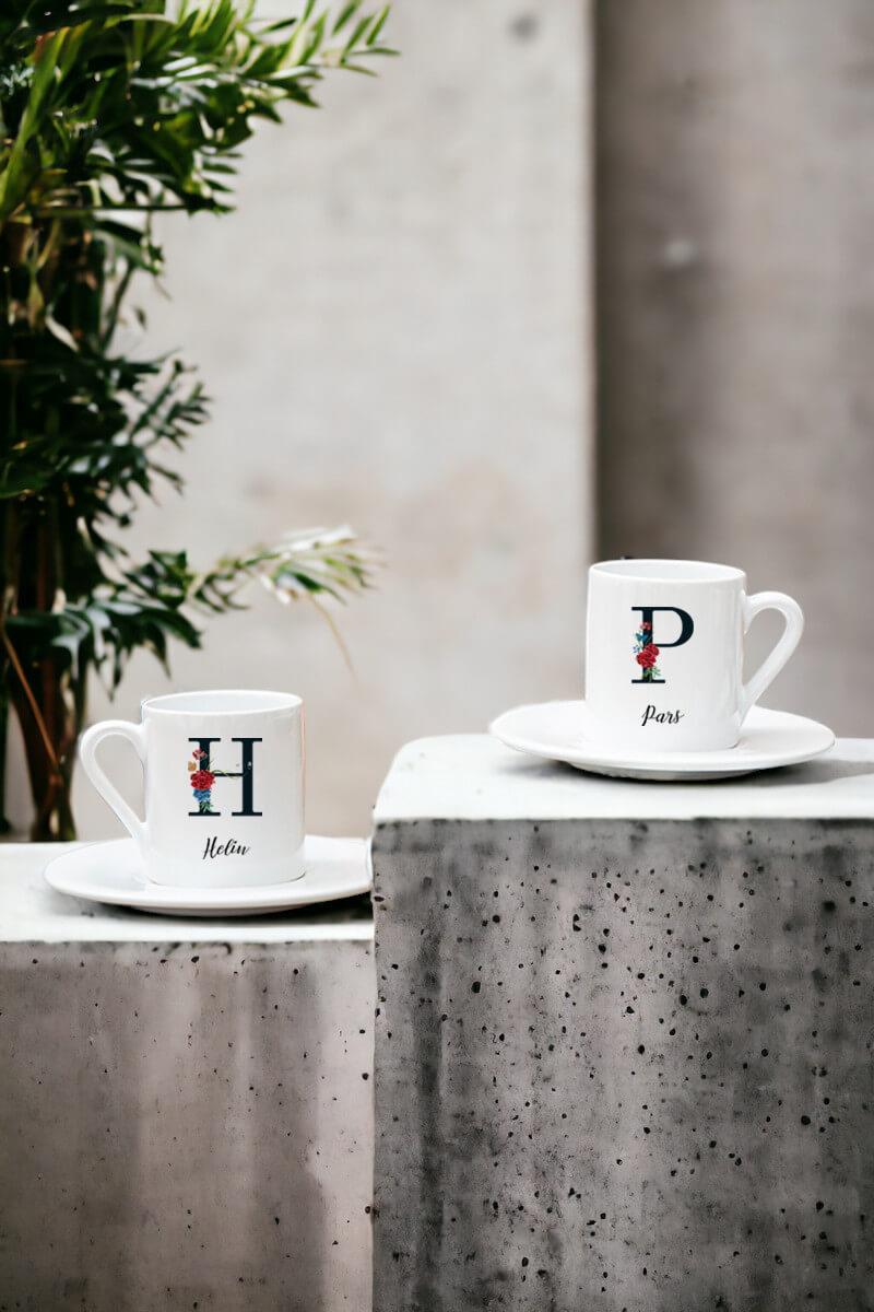 Baş Harfli ve İsimli İkili Beyaz Türk Kahvesi Fincanı