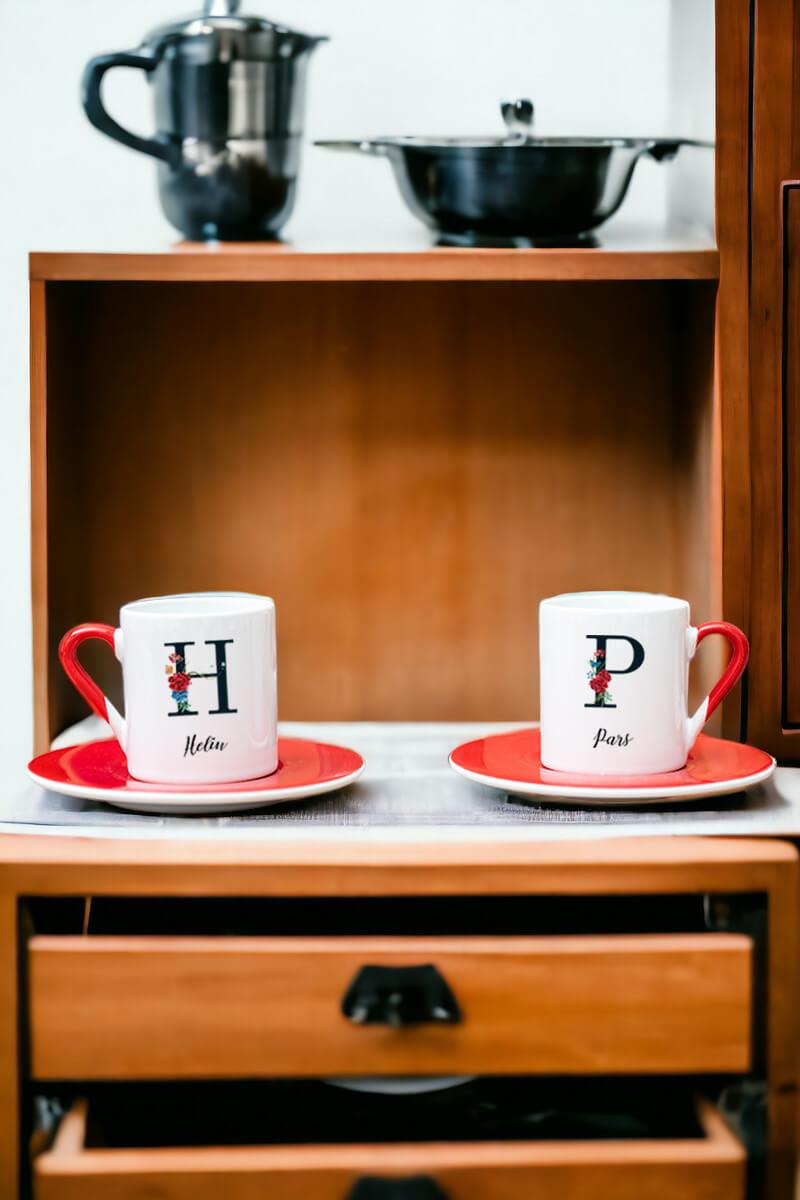 Baş Harfli ve İsimli İkili Kırmızı Türk Kahvesi Fincanı