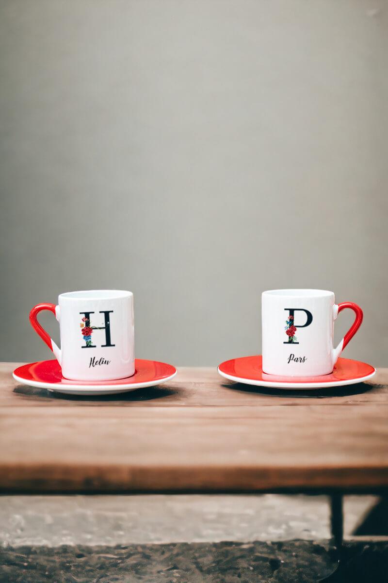 Baş Harfli ve İsimli İkili Kırmızı Türk Kahvesi Fincanı